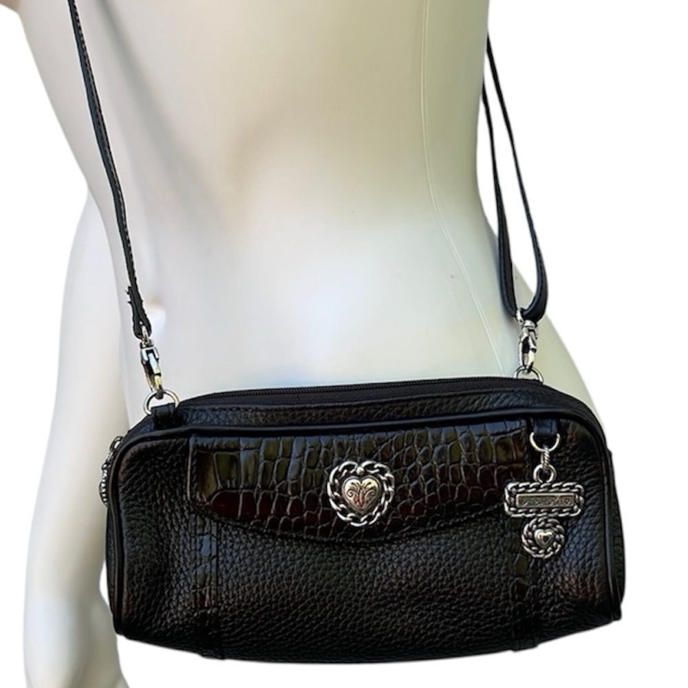 Brighton Vintage Black Croc Leather Silver Heart crossbody bag pocket red inside - Picture 11 of 15